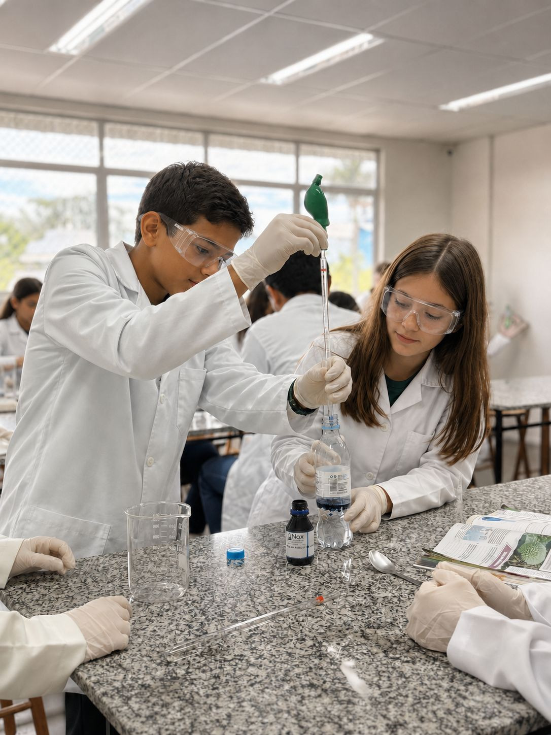 Estudantes em uma aula prática de ciências